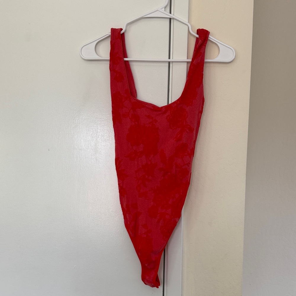 Free People Bright Red Textured Scoop Bodysuit